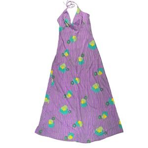 Vintage Purple Geometric Floral Halter Maxi Dress Open Back Retro 70s Style XS